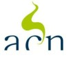 Logo ACN : Texte 'acn' en bleu marine surmonté d'une flamme ou d'une feuille stylisée de couleur vert anis.