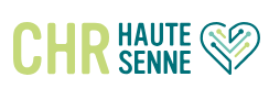 Logo du CHR Haute Senne. Les lettres 'CHR' en vert clair et 'Haute Senne' en bleu sarcelle, suivies d'un cœur stylisé avec des lignes et des points de connexion internes.